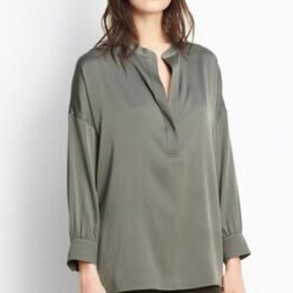 Vince Stretch Silk Drop :Shoulder Long Sleeve Blouse in Dark Olive - Size Medium